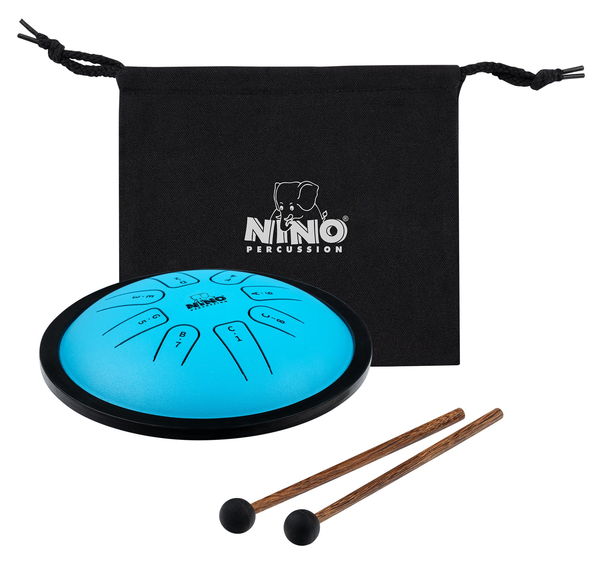 Small tongue drum bleu NINO Do mineur avec mailloches en caoutchouc et sac de transport