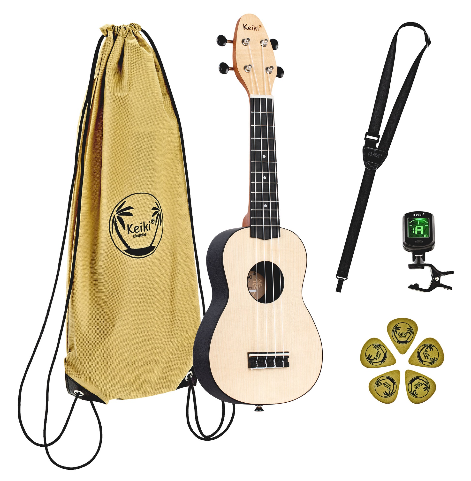 K2-MAP-L, pack ukulélé Soprano, table érable, corps ABS galbé, manche okoumé, 12 frettes, accessoires, modèle gaucher