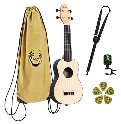 K2-MAP-L, pack ukulélé Soprano, table érable, corps ABS galbé, manche okoumé, 12 frettes, accessoires, modèle gaucher