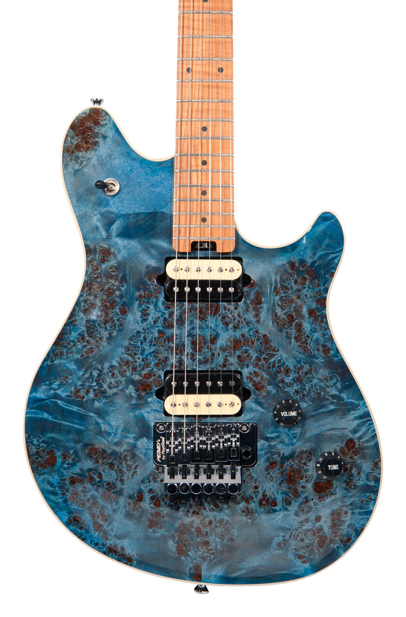 HP2 Poplar Burl, corps tilleul/érable flammé, manche érable flammé, Floyd sous licence, 2 micros Humbucker, finition Trans Blue