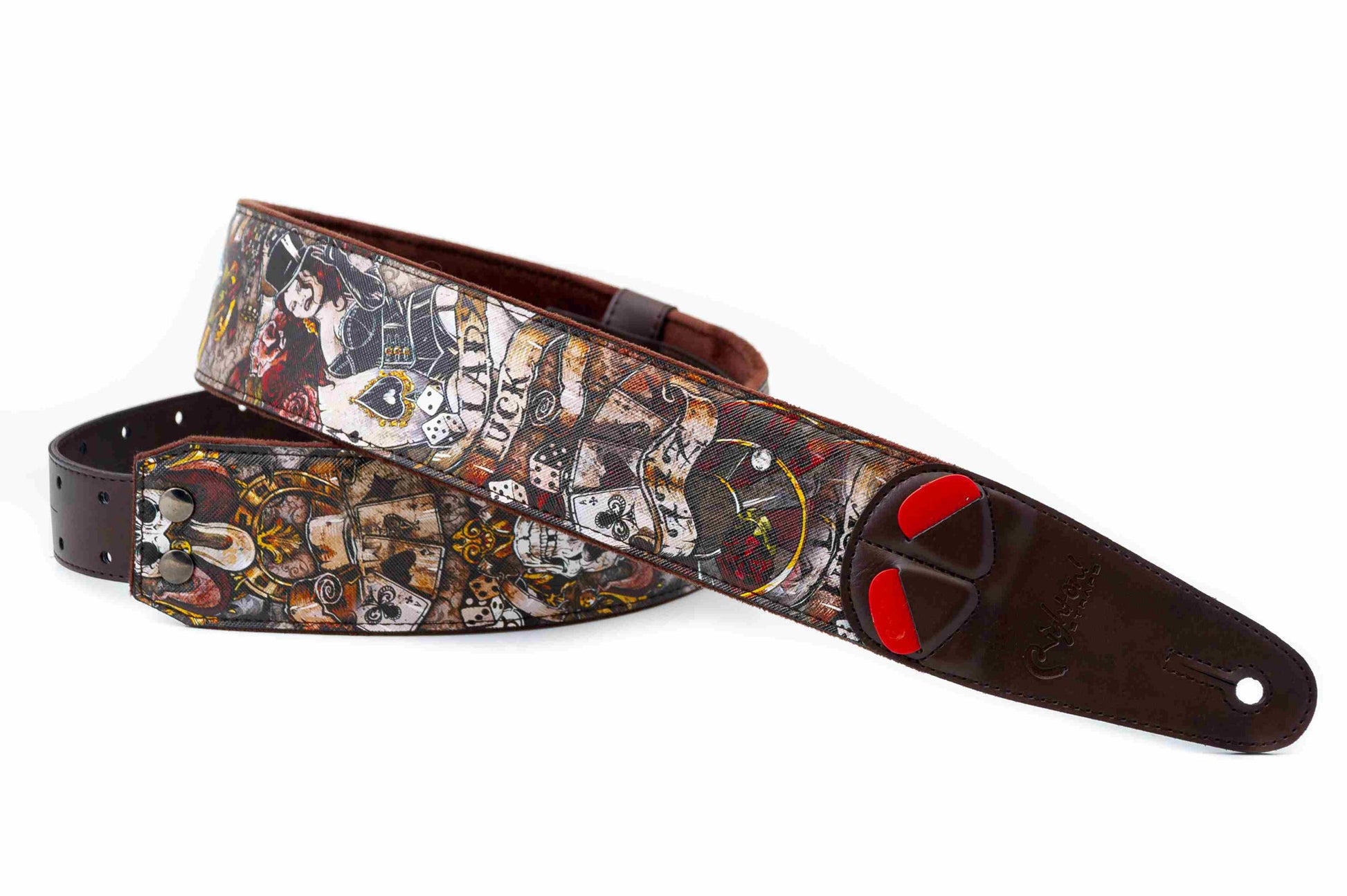 Courroie modèle LADY LUCK, extérieur tissu, largeur 6 cm, longueur 100 à 145 cm, porte-médiators intégré, brun