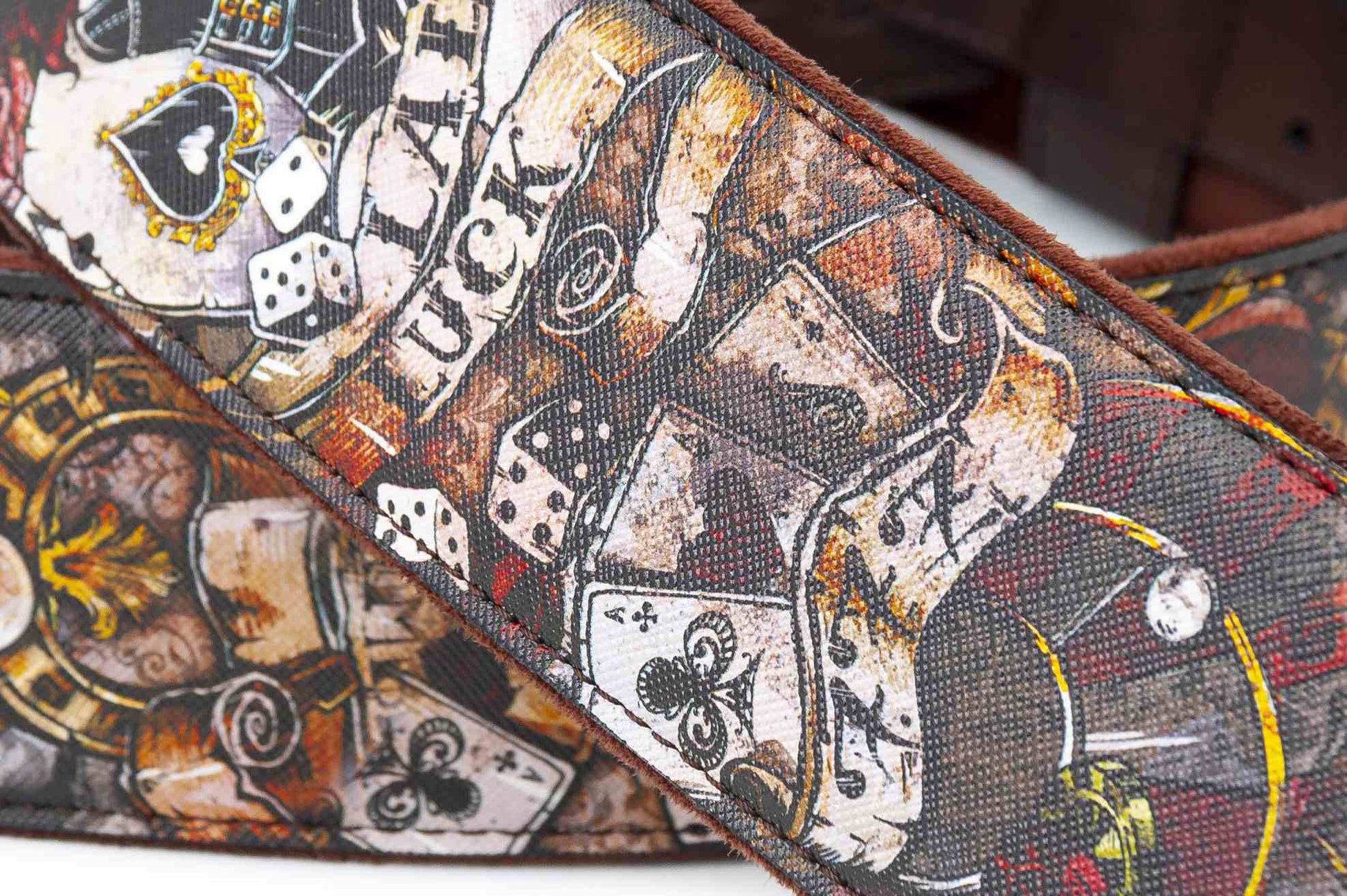 Courroie modèle LADY LUCK, extérieur tissu, largeur 6 cm, longueur 100 à 145 cm, porte-médiators intégré, brun