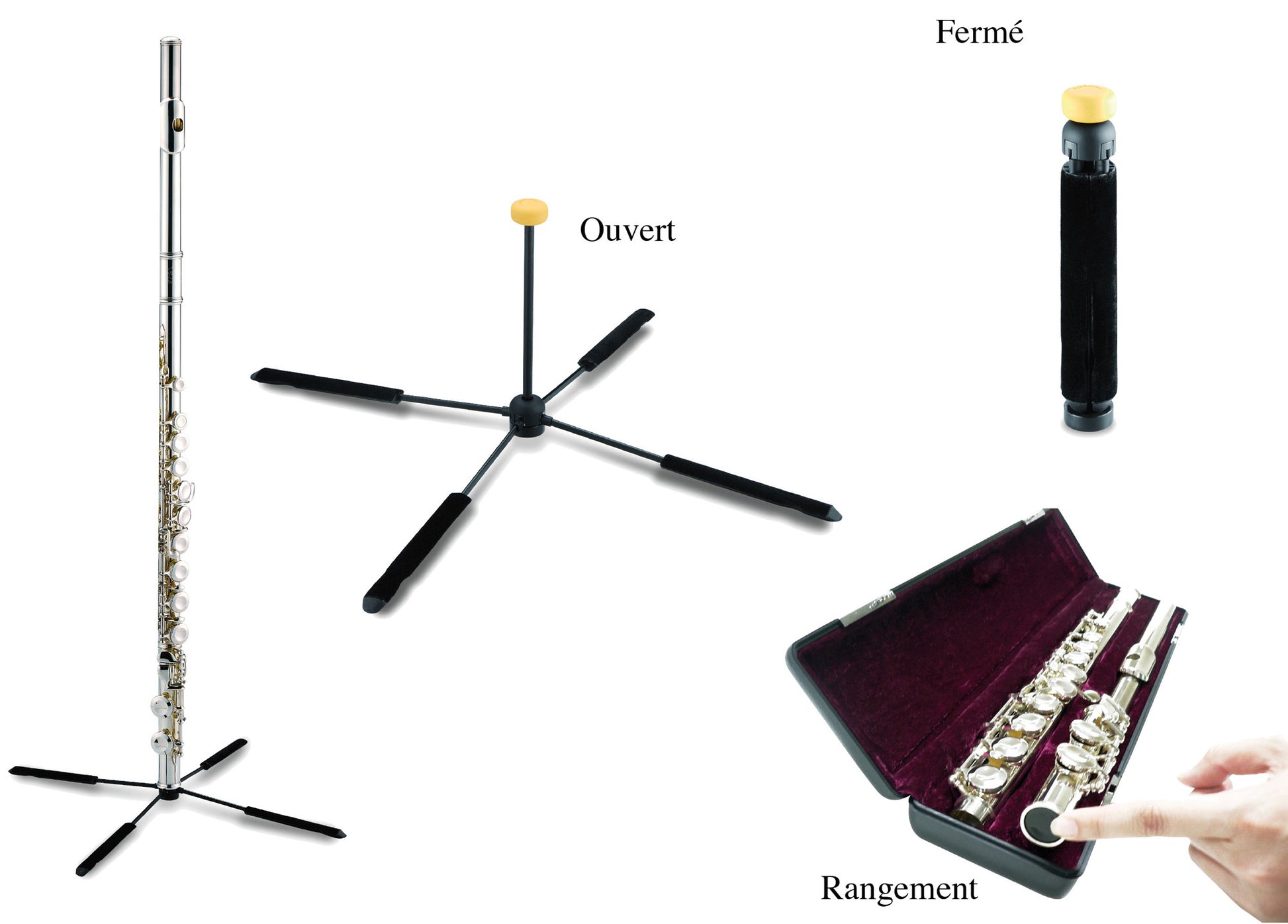 Support flûte pliable ultra-compact, se range dans l'instrument (hauteur: 14.8 cm, poids: 0.1 kg, taille replié: 12.8 x 1.9 cm)