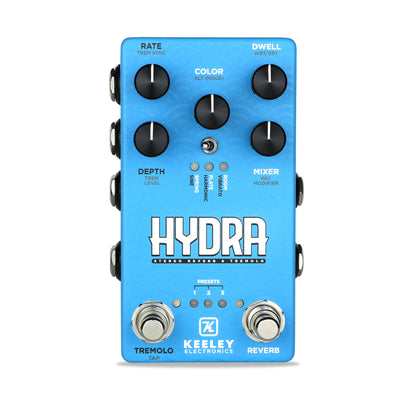 Pédale HYDRA, réverb et trémolo stéréo, 3 presets, tap tempo, entrée pour pédale d'expression, boitier métal, bleu
