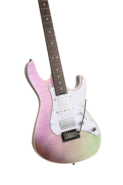 G280 SELECT, corps aulne, table érable flammé, 2 micros simples et 1 double Voiced Tone, trans chameleon purple