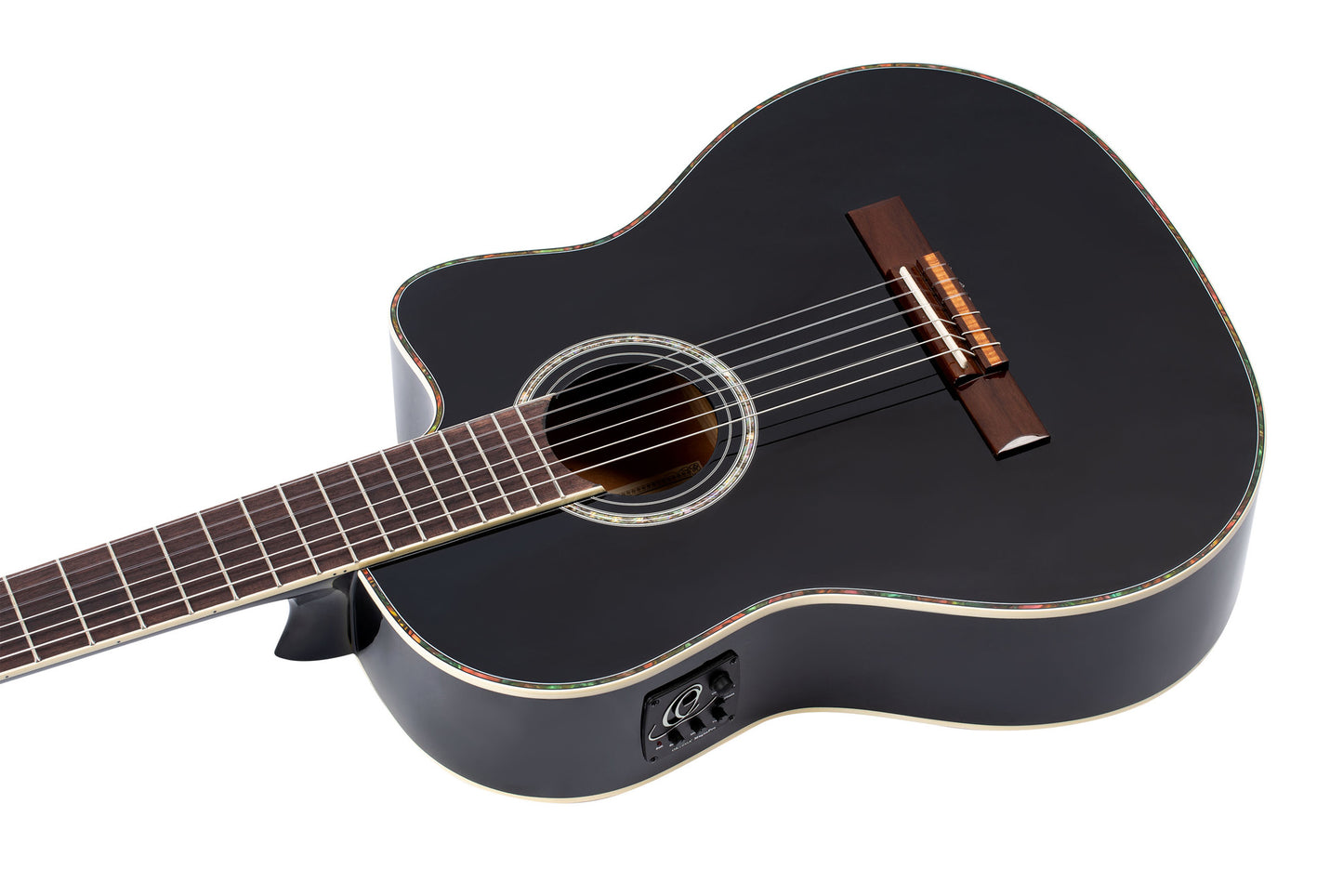 RCE141, pan coupé, EQ Ortega MagusPro, table épicéa massif, manche acajou (52 mm), noir brillant