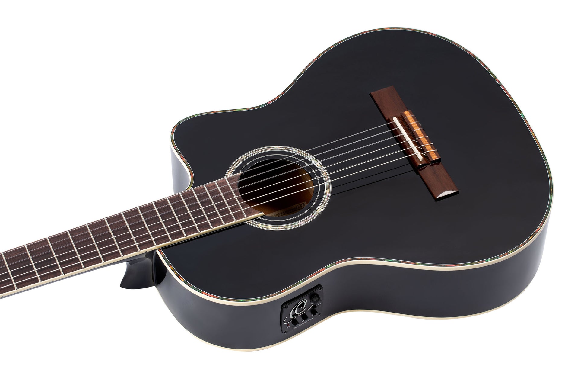 RCE141, pan coupé, EQ Ortega MagusPro, table épicéa massif, manche acajou (52 mm), noir brillant