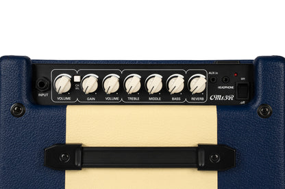 Ampli guitare 15W, 1 x 8", 2 canaux, égaliseur 3 bandes, réverb, entrée CD/MP3 mini-Jack, sortie casque mini-Jack, bleu