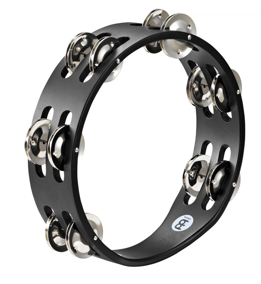 Tambourin bois compact 8", 2 rangées de cymbalettes en acier nickelé, noir