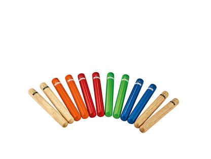 LOT DE 6 PAIRES DE CLAVES NINO PETITS, BOIS SIAM OAK, NATUREL, ORANGE, ROUGE, VERT, BLEU