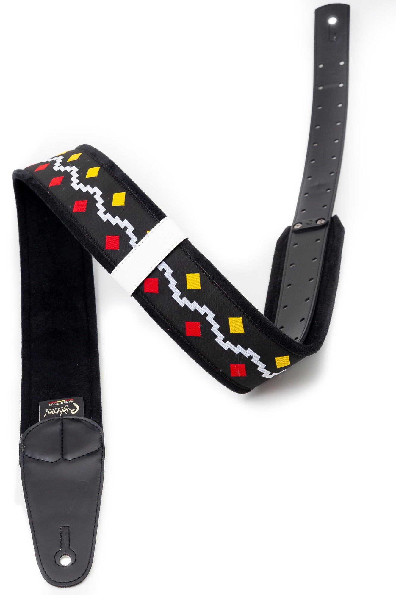 Courroie modèle GET BACK FR, extérieur synthétique et tissu, largeur 6 cm, longueur 100 à 145 cm, porte-médiators, noir et blanc