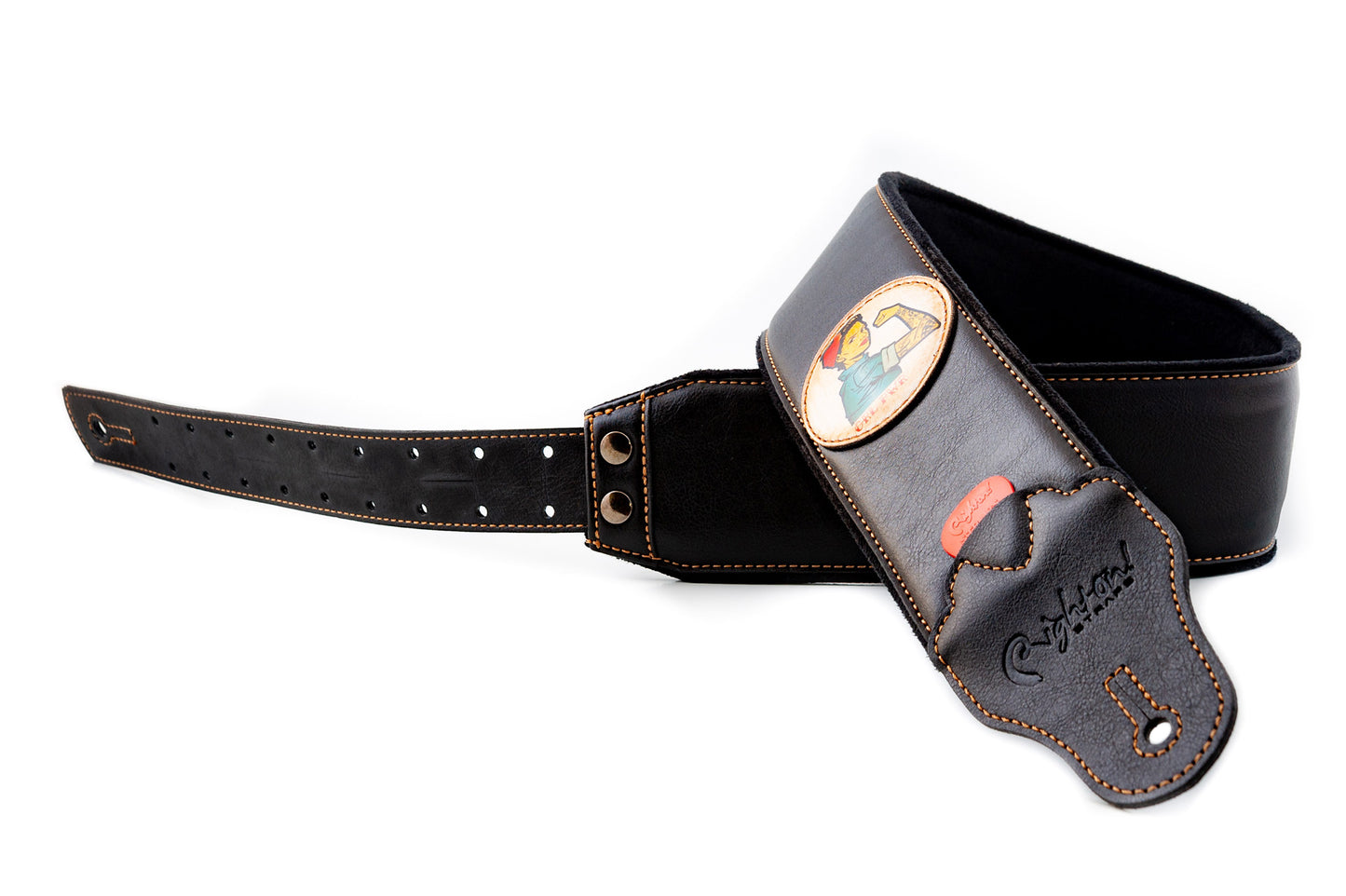 Courroie modèle TATOO PIN-UP, extérieur synthétique, largeur 7 cm, longueur 98 à 153 cm, porte-médiators intégré, noir