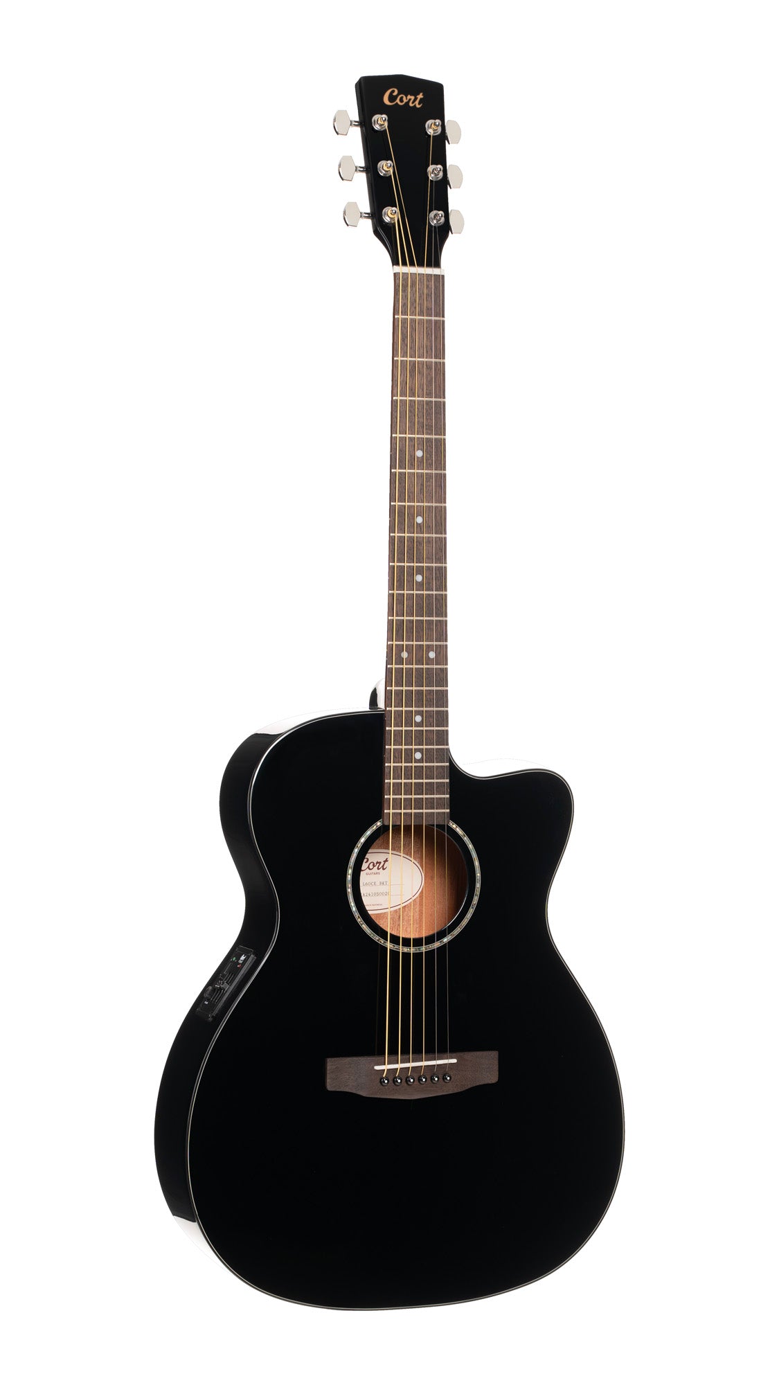 L60, forme Orchestra Model, pan coupé, table épicéa massif, fond & éclisses acajou, touche laurier, EQ CE304T, noir brillant