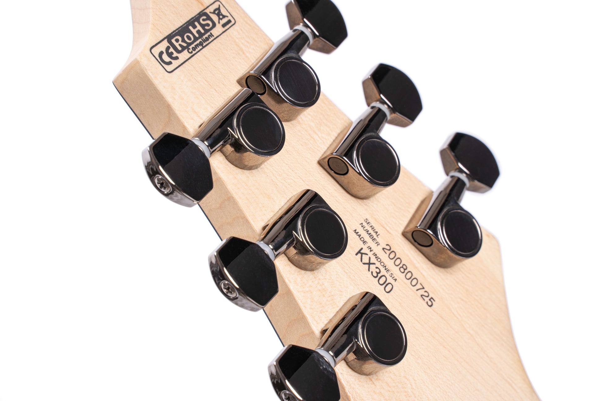 KX300, corps acajou, table érable figuré, manche vissé érable, touche jatoba, micros EMG RetroActive, cobalt burst pores ouverts