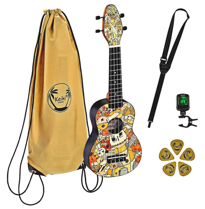 K2-VP, pack ukulélé Soprano, table agathis design"Voodoo Puppet", corps ABS galbé, manche okoumé, 12 frettes, accessoires