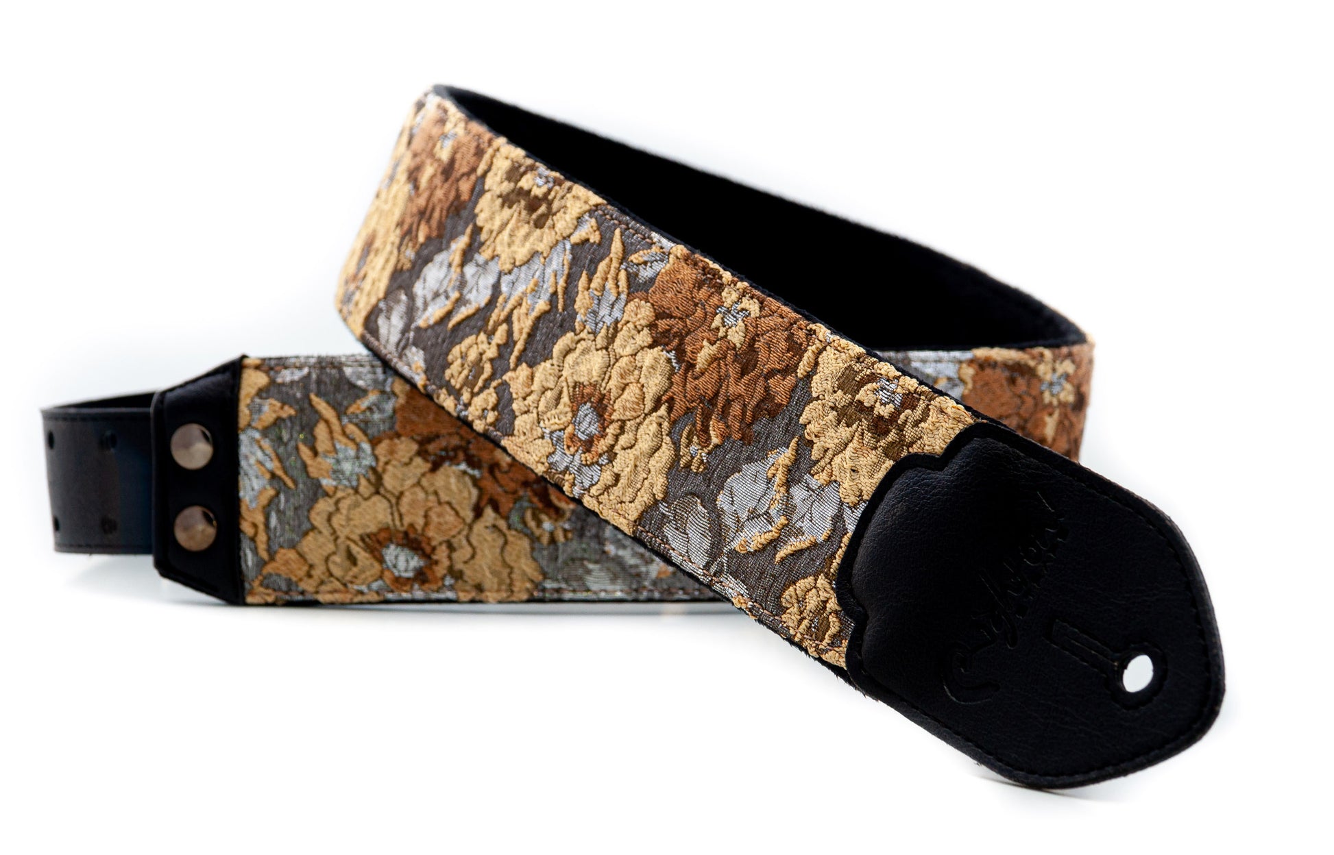 Courroie modèle GOLD & ROSES, extérieur synthétique et tissu, largeur 7 cm, longueur 95 à 150 cm, porte-médiators, beige