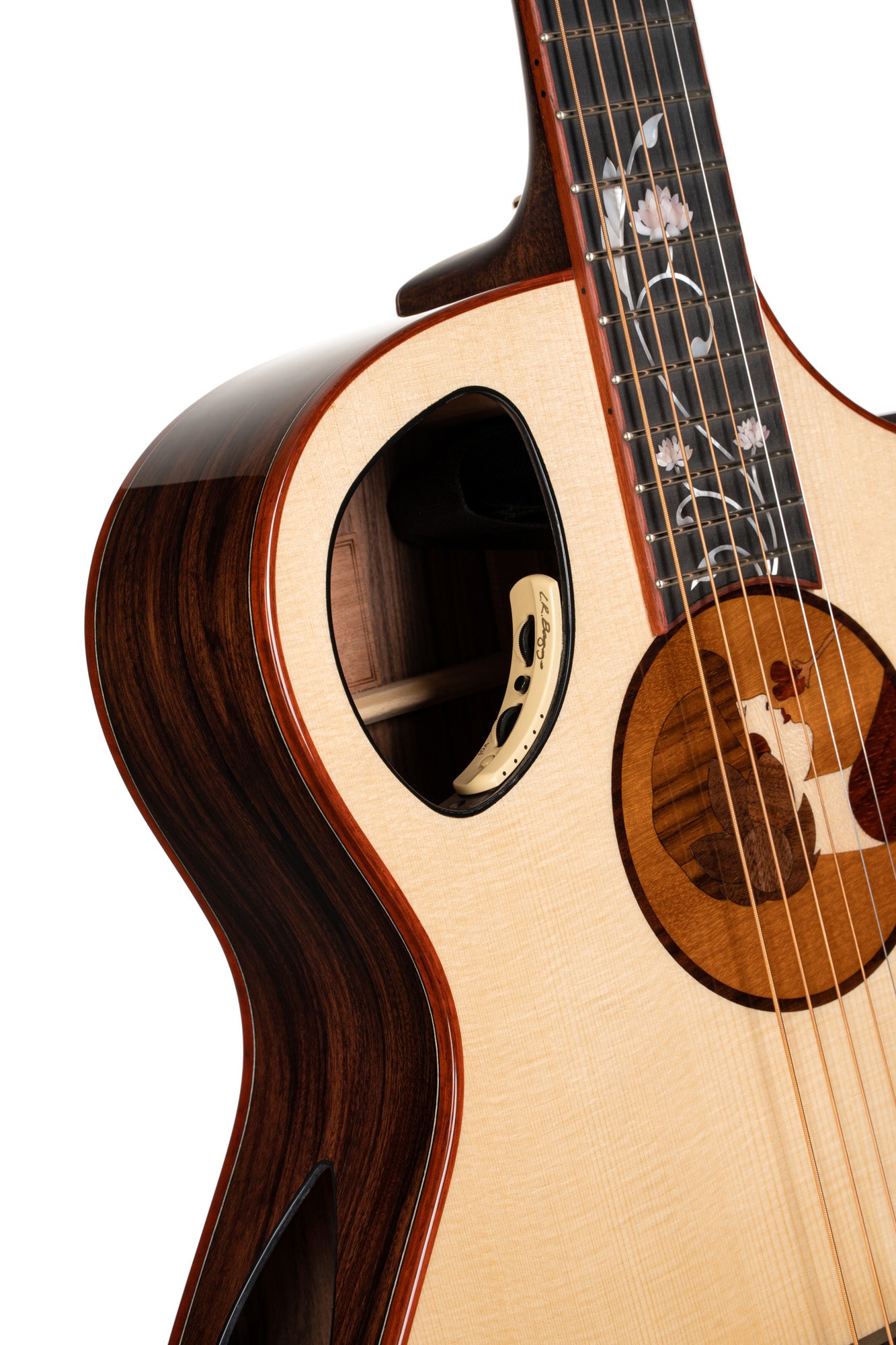 ROSELYN REDUX, forme OM, incrustations"Roselyn", table épicéa massif, f/e pau ferro massif, EQ LR Baggs, naturel brillant, étui