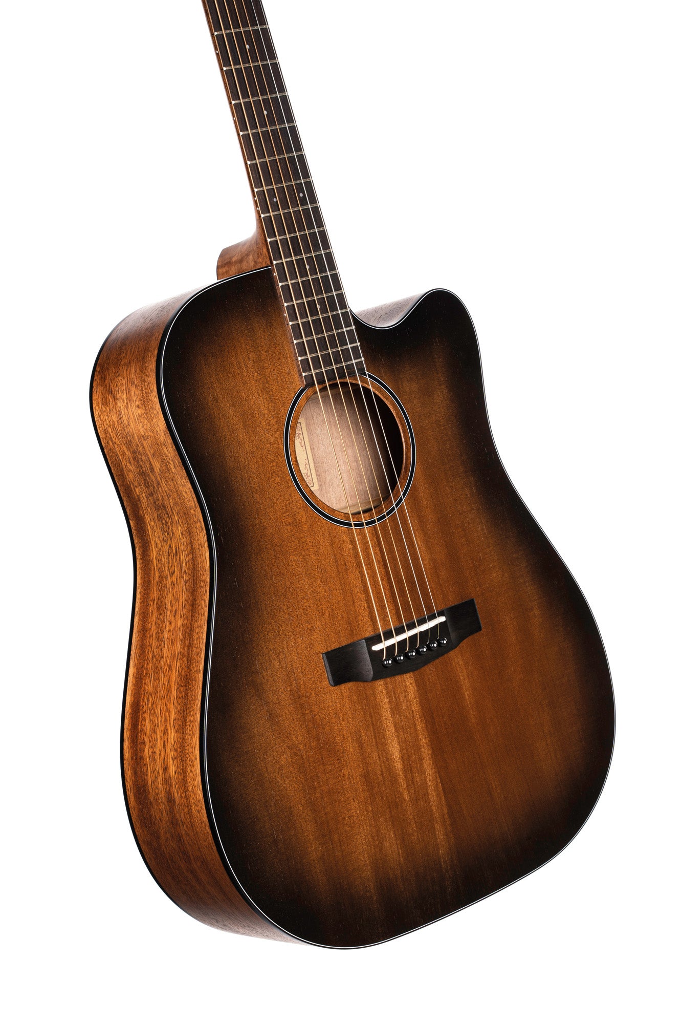 CORE-DC, forme Dreadnought, table acajou massif, f/e acajou massif, EQ Fishman Sonitone, soft case, noir dégradé pores ouverts