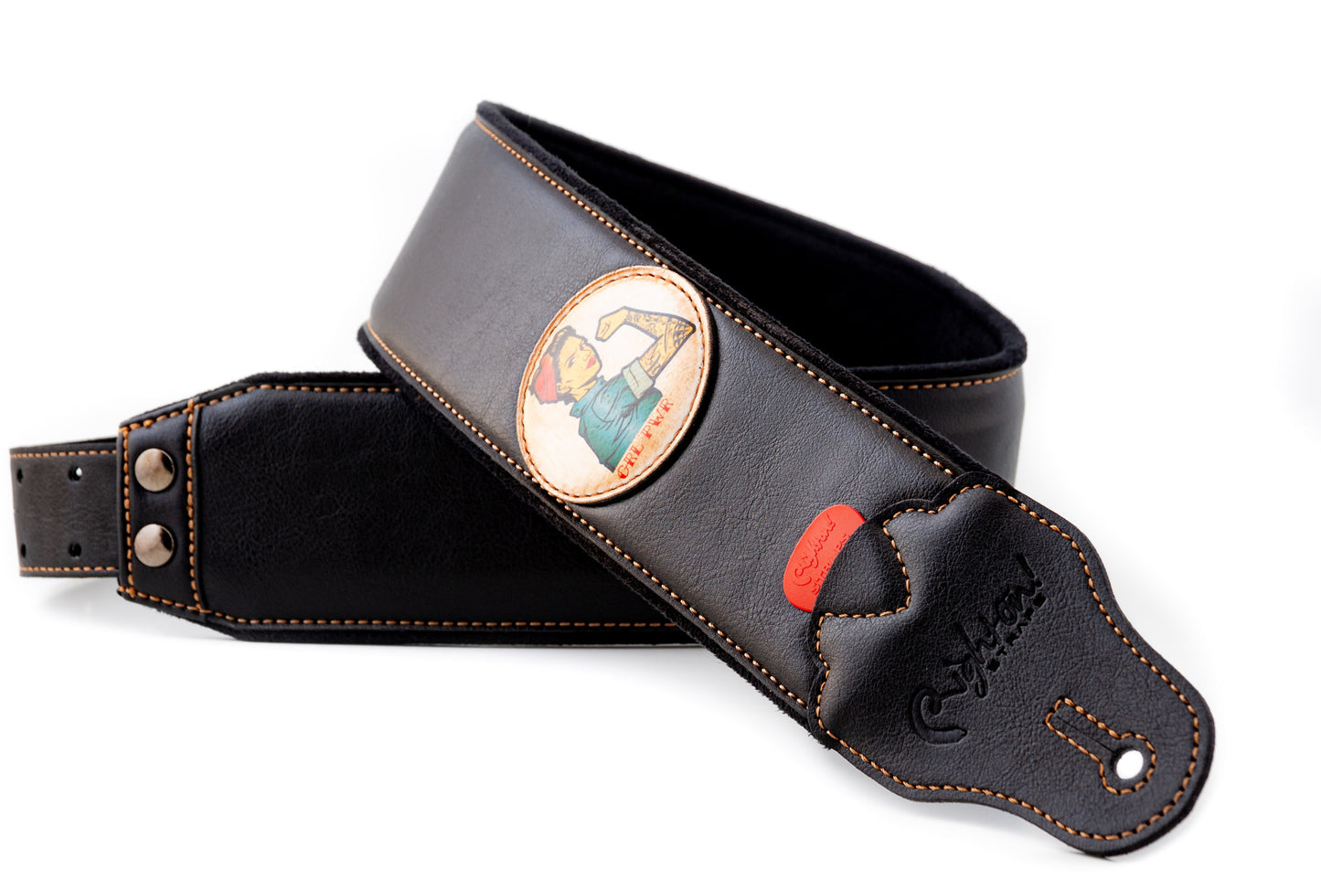 Courroie modèle TATOO PIN-UP, extérieur synthétique, largeur 7 cm, longueur 98 à 153 cm, porte-médiators intégré, noir