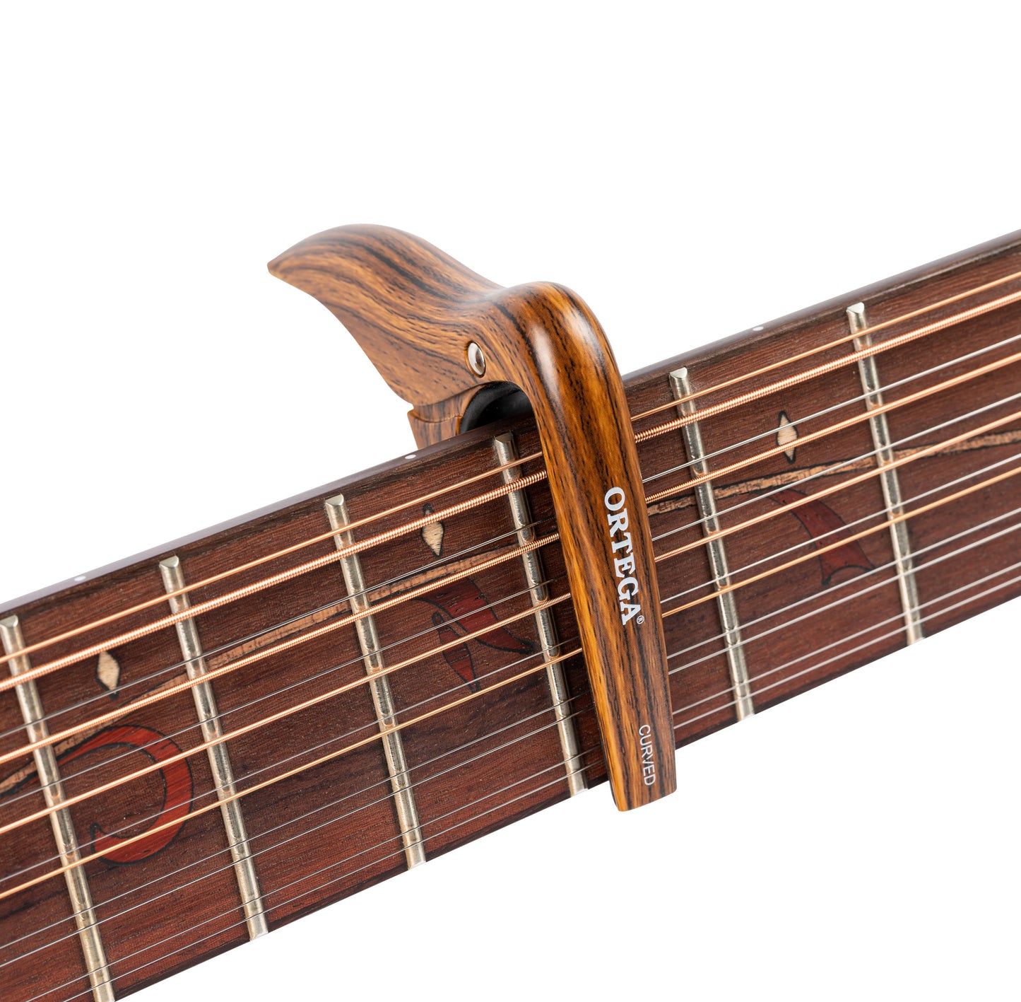 Capodastre pour guitare et basse touche bombée jusqu'à 52 mm de largeur, décor noyer