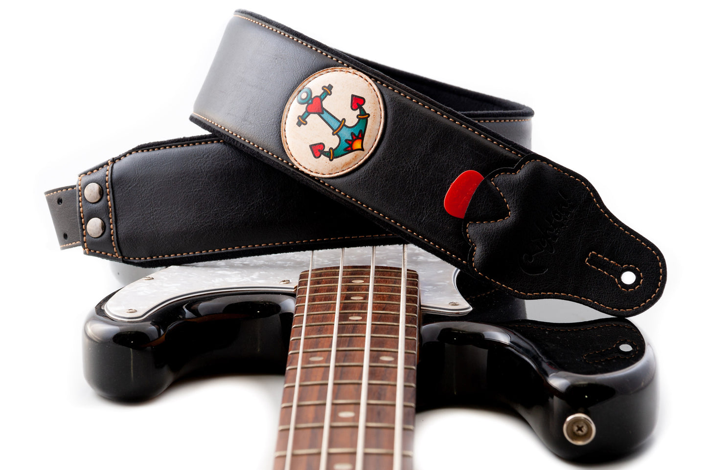 Courroie modèle TATOO ANCHOR, extérieur synthétique, largeur 7 cm, longueur 98 à 153 cm, porte-médiators intégré, noir