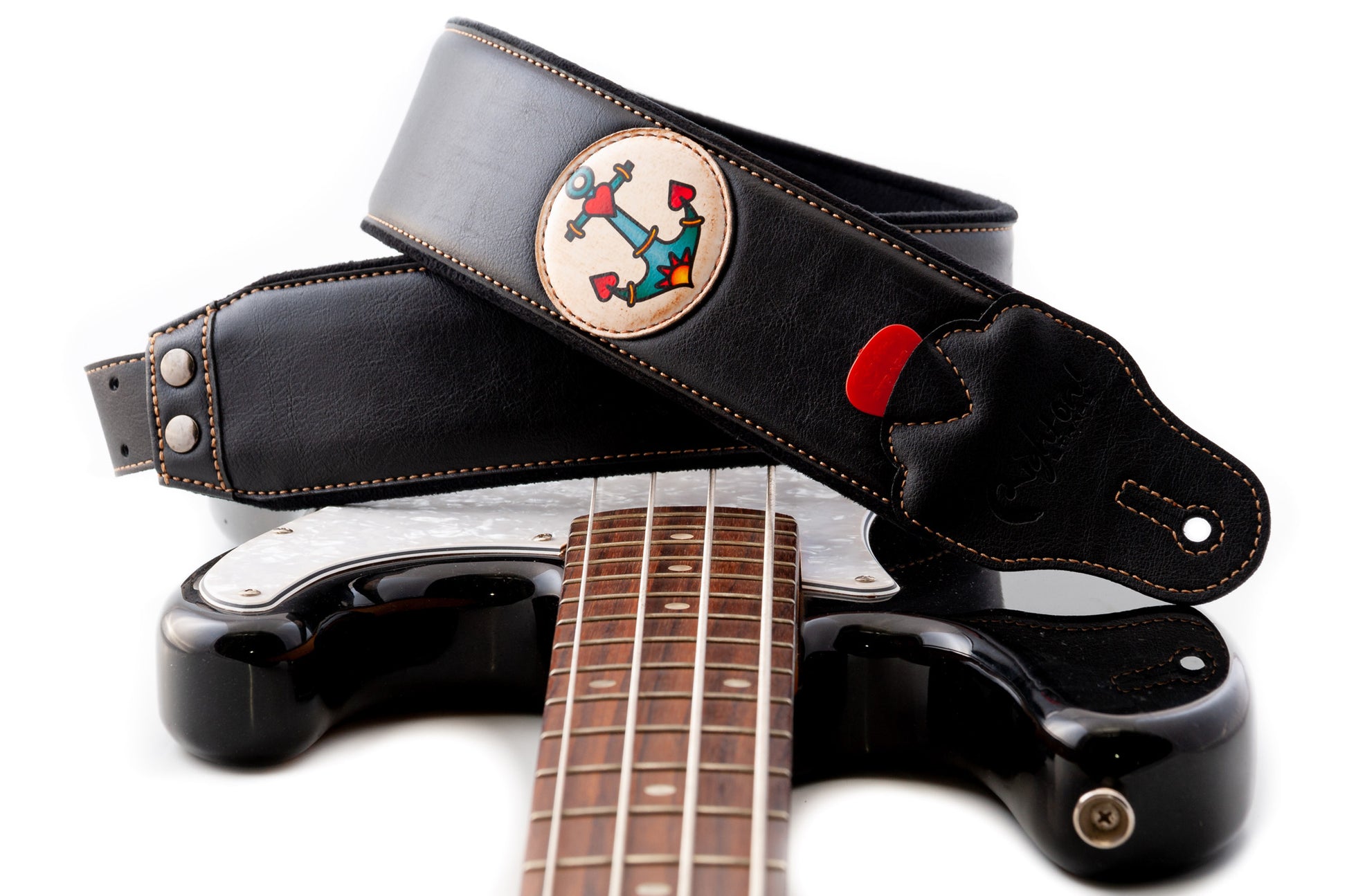 Courroie modèle TATOO ANCHOR, extérieur synthétique, largeur 7 cm, longueur 98 à 153 cm, porte-médiators intégré, noir