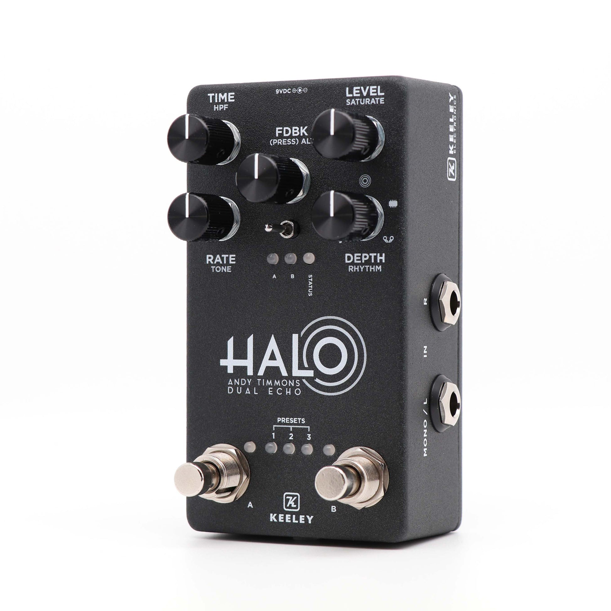 Pédale HALO, Andy Timmons Dual Echo, délai stéréo 5 modes, entrée pour pédale d'expression, boitier métal, gris