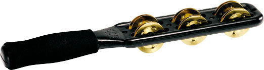 Jingle Stick, cymbalettes laiton, grip gainé mousse, bords crantés pour jouer du guiro, noir