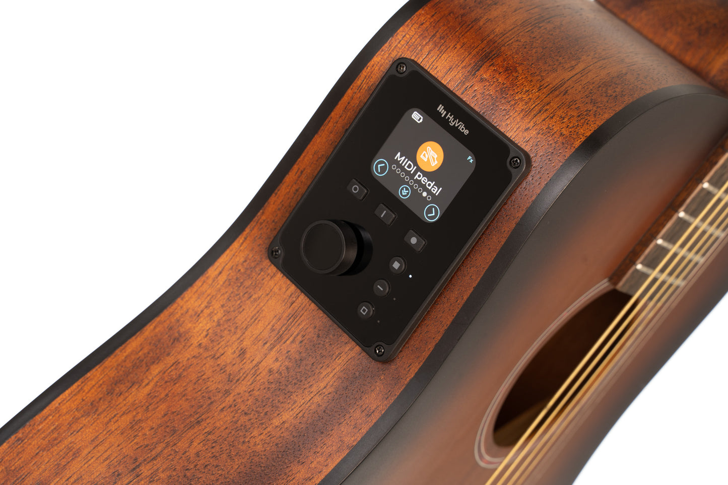 Earth Go, modèle Dreadnought 3/4, table épicéa massif, fond & éclisses acajou, HyVibe 2, housse, brown burst pores ouverts