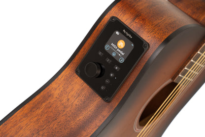 Earth Go, modèle Dreadnought 3/4, table épicéa massif, fond & éclisses acajou, HyVibe 2, housse, brown burst pores ouverts