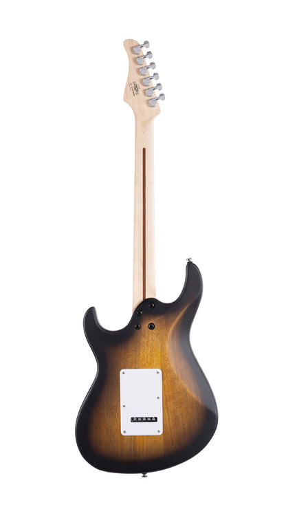 G110, corps peuplier, manche érable, touche jatoba, 3 micros Powersound (S/S/H), plaque tortoise, sunburst pores ouverts