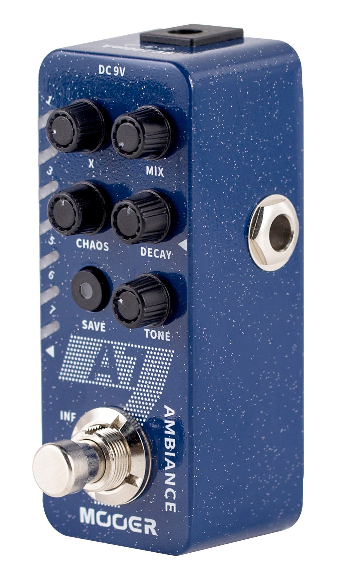 Pédale A7 AMBIANCE, 7 types de réverbs personnalisables, tap tempo, 7 presets utilisateurs, boîtier métal, bleu