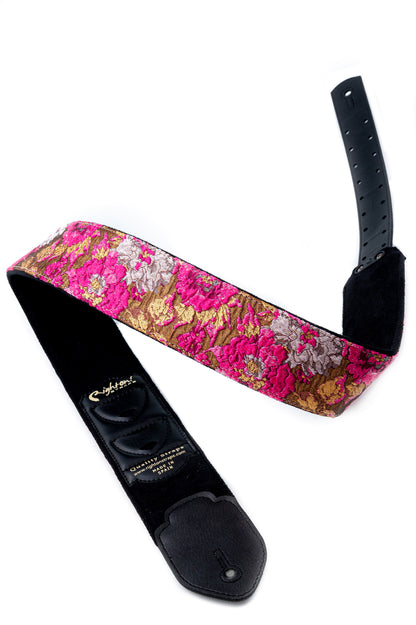 Courroie modèle GOLD & ROSES, extérieur synthétique et tissu, largeur 7 cm, longueur 95 à 150 cm, porte-médiators, rose