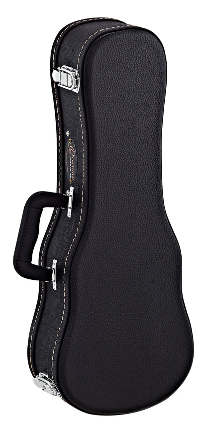 Etui bois pour ukulélé Soprano, avec surpiqures et logo, noir