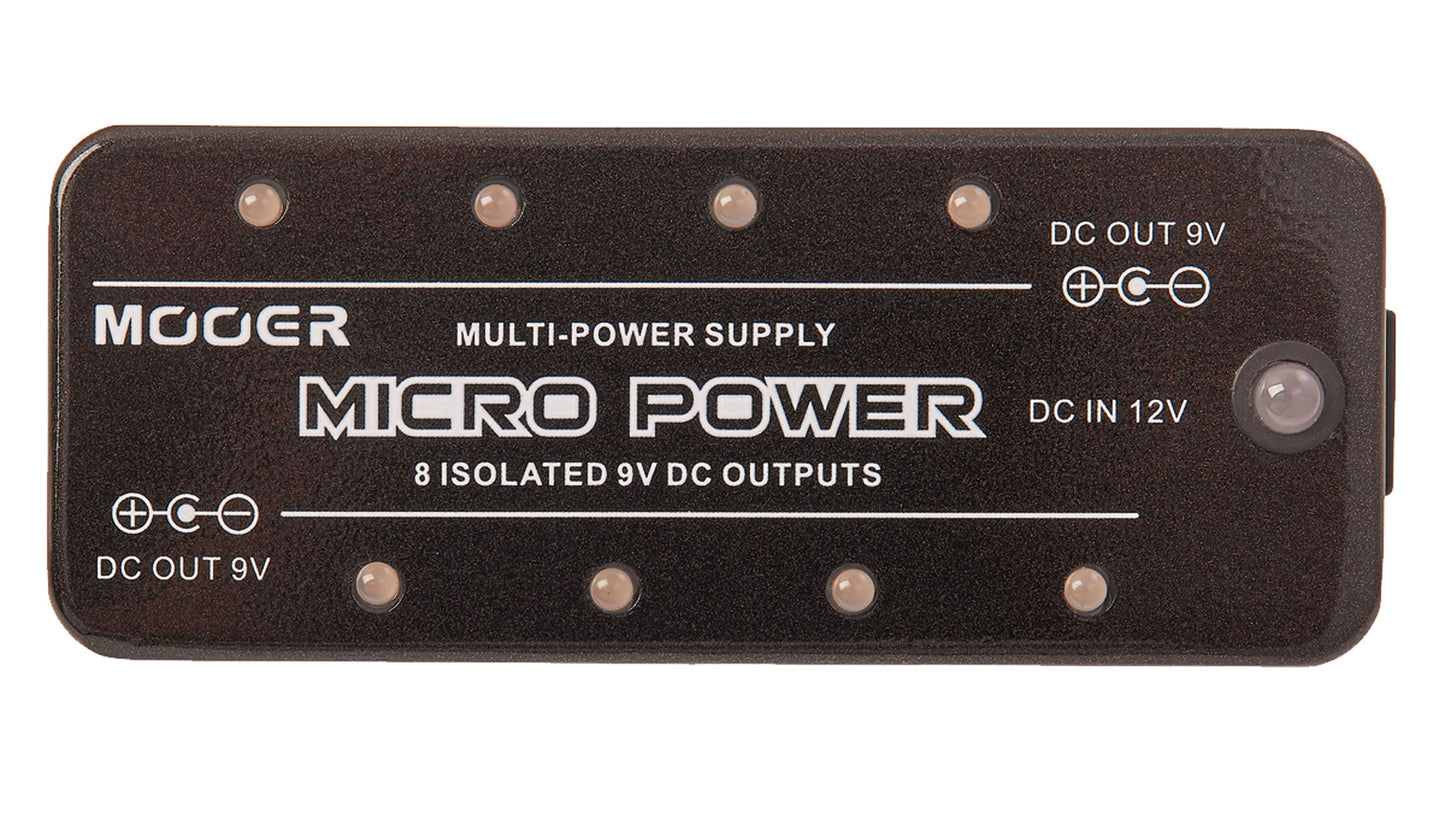 Pédale MICRO POWER, alimentation pour pédales, 8 sorties 9V (300 mA chacune), livré avec câble et adaptateur 12V/2A, noir