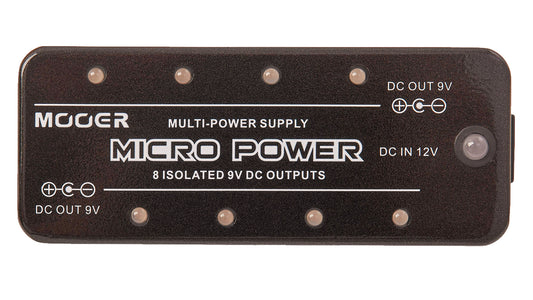 Pédale MICRO POWER, alimentation pour pédales, 8 sorties 9V (300 mA chacune), livré avec câble et adaptateur 12V/2A, noir