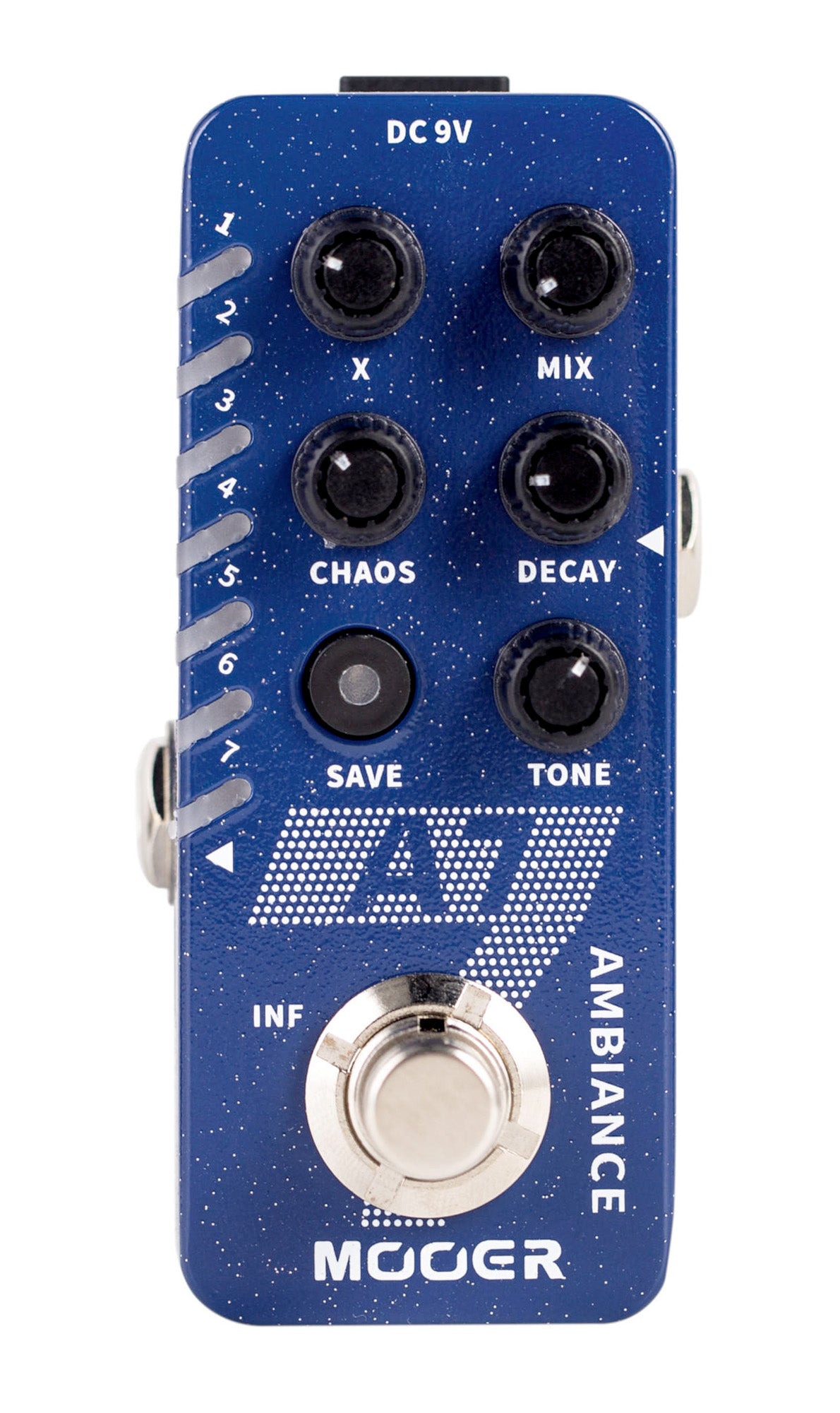 Pédale A7 AMBIANCE, 7 types de réverbs personnalisables, tap tempo, 7 presets utilisateurs, boîtier métal, bleu