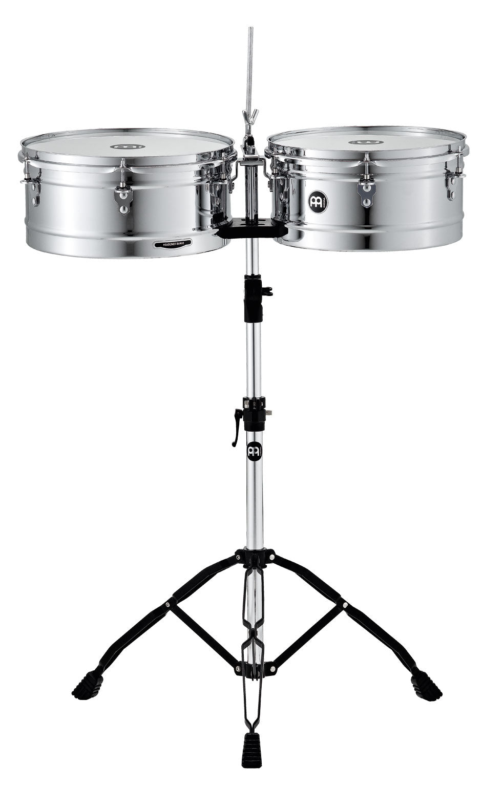 Jeu de timbales Headliner 13 & 14", fûts en acier, avec support double embase, hauteur ajustable et attache cloche, chromé