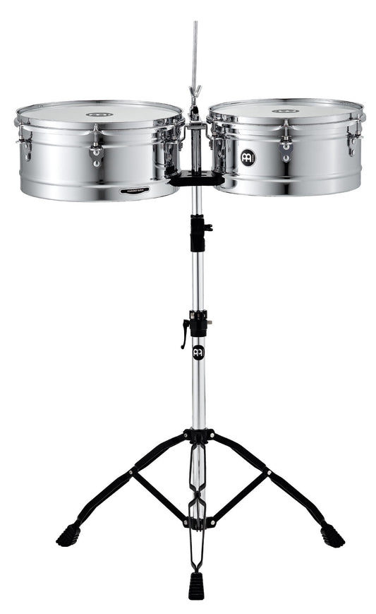 Jeu de timbales Headliner 13 & 14", fûts en acier, avec support double embase, hauteur ajustable et attache cloche, chromé