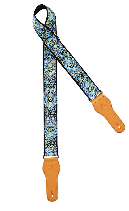 Courroie guitare, 100% coton, extrémités simili cuir, largeur 4.9 cm, longueur jusqu'à 158 cm, bleu motif classic blue