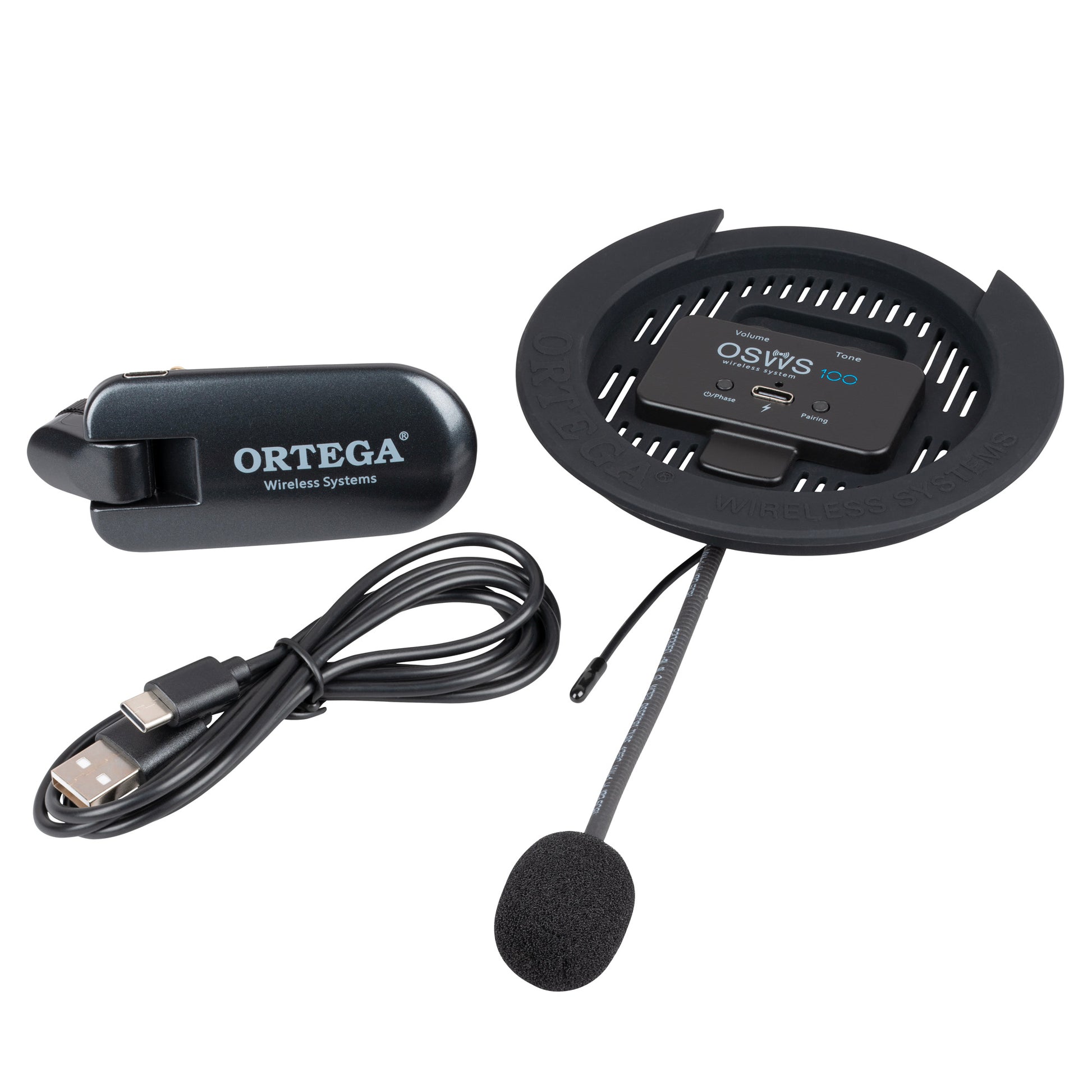 OSWS100, système de micro sans fil pour guitare acoustique (rosace 100 mm), micro col de cygne, avec récepteur sans-fil, noir