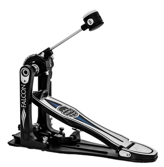 Pédale de grosse caisse, chaîne double, came et contrepoids interchangeables, semelle et batte ajustables