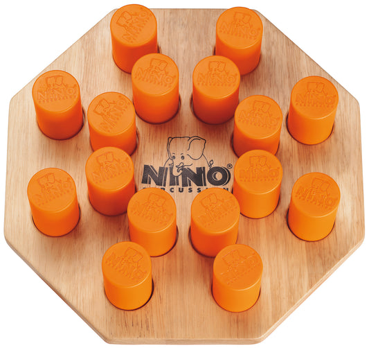 Shake N'Play, jeu de mémoire pour enfants avec 16 shakers (8 paires) plastique orange, sur plateau bois