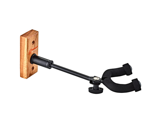 Support mural pour guitare et basse, embase bois, bras long, étrier orientable, merisier