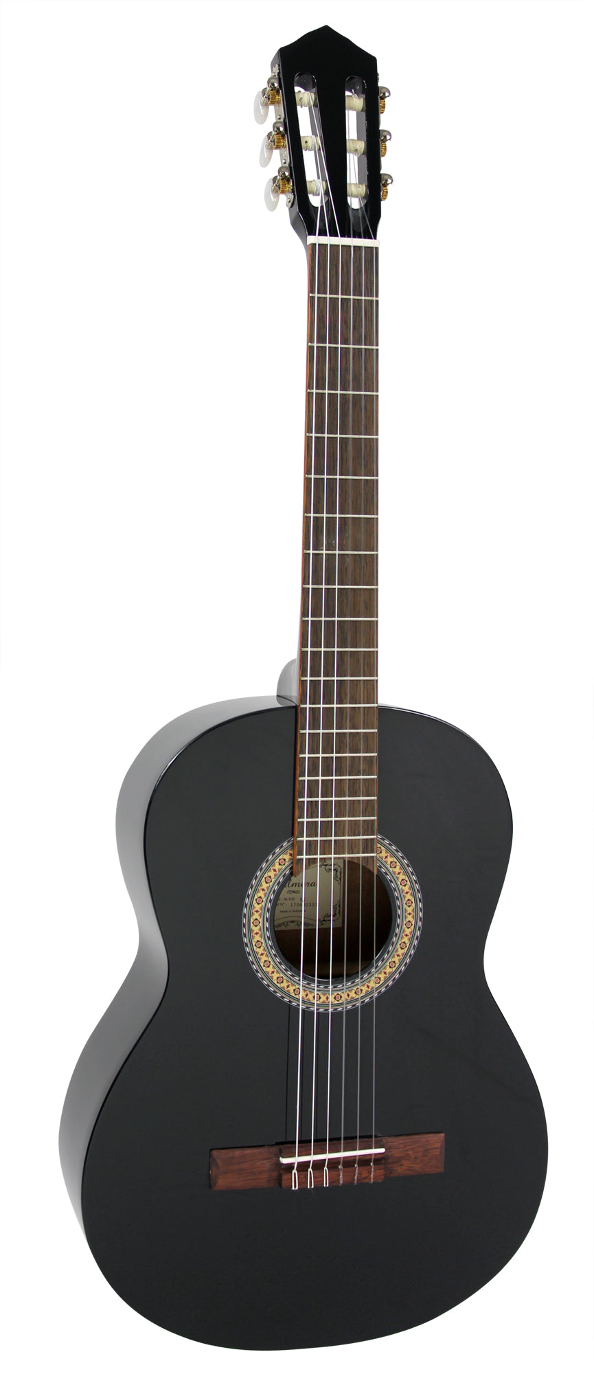 Guitare classique 1/2, table épicéa, fond & éclisses acajou, manche acajou, sillet 45 mm, cordes Bosset, noir brillant