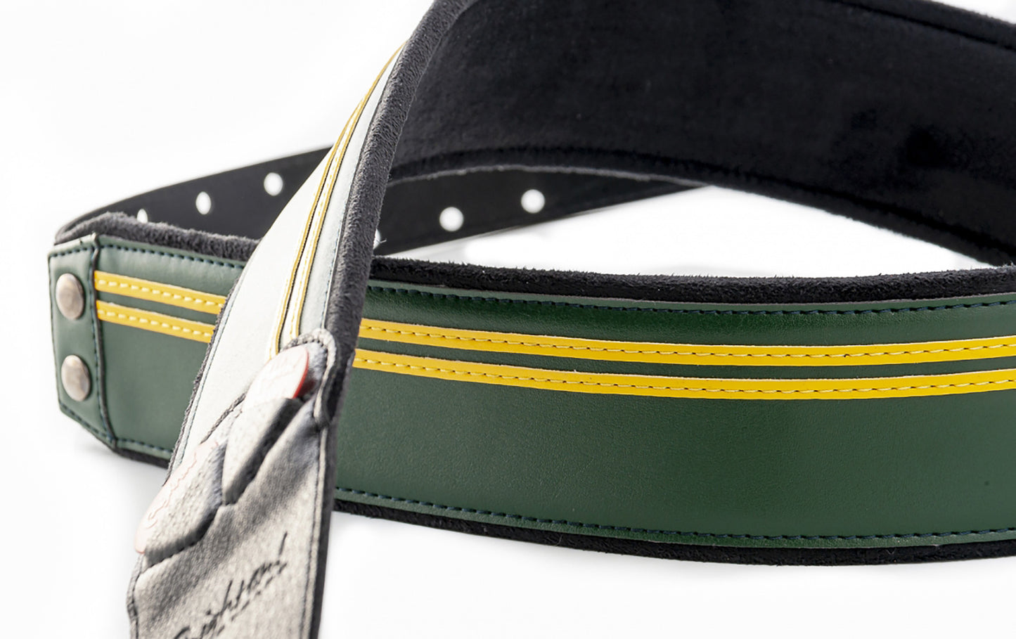 Courroie modèle RACE, extérieur synthétique, largeur 6 cm, longueur 100 à 145 cm, porte-médiators intégré, british racing green