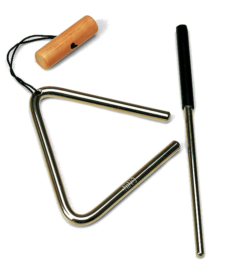 Triangle acier 10 cm, avec cordelette et poignée bois, batte métal avec poignée caoutchouc