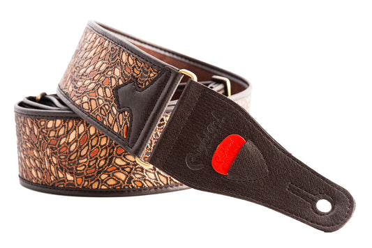 Courroie modèle ALIEN, synthétique, rembourrée, largeur 6 cm, longueur 95 à 150 cm, porte-médiators intégré, brun