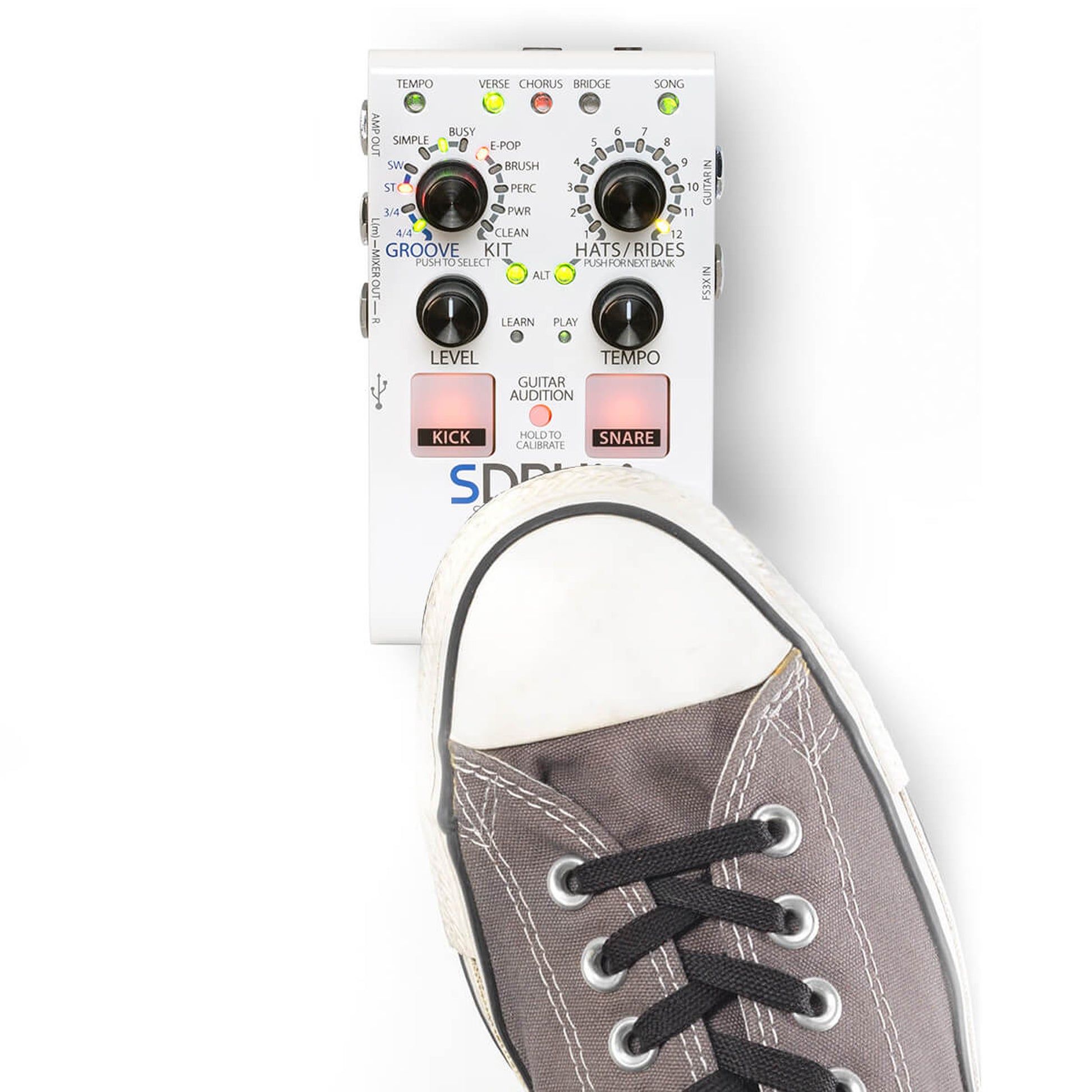 Pédale SDRUM, boîte à rythmes intelligente pour guitaristes et bassistes, 5 kits de batteries différents, blanc