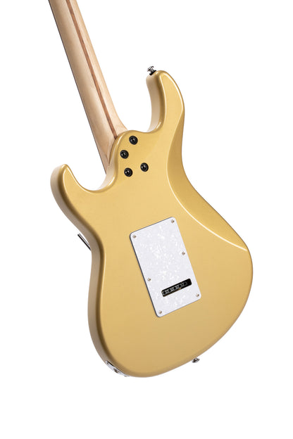 G250, corps tilleul, manche érable, touche jatoba, 1 micro double et 2 simples Cort Alnico V, trémolo, champagne or métallisé